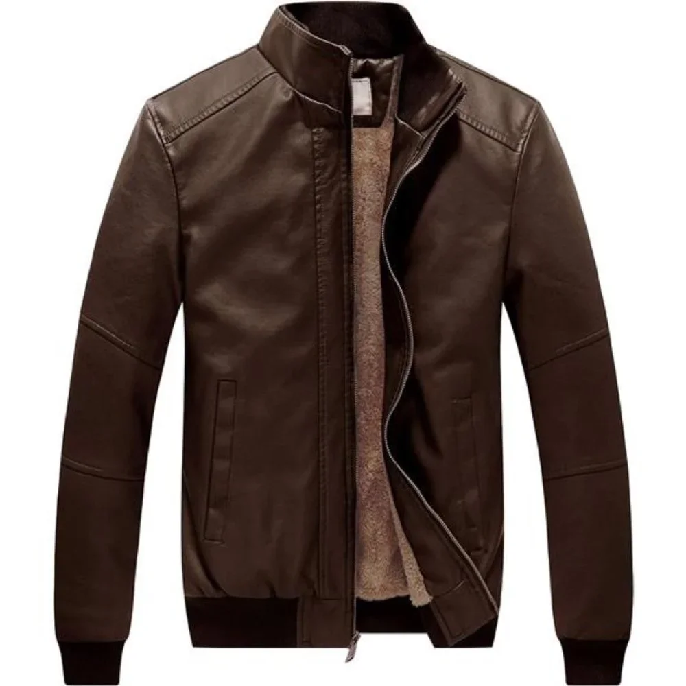 Men's Stand Collar Fleece Lined Bomber Faux Leather Jacket, Brown